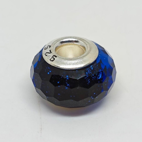 Murano glass charm bead with 925 silver ring in blue, like new