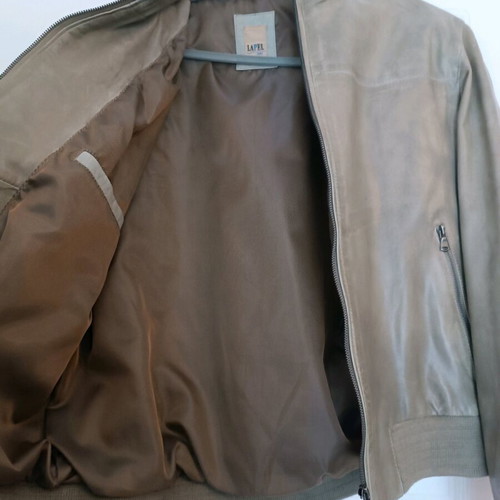 Lapel leather jacket new, large, grey and beige