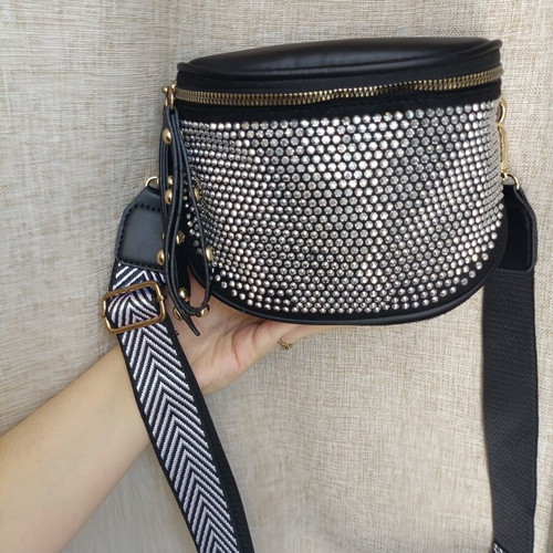 Black crossbody bag with embossed silver rhinestones