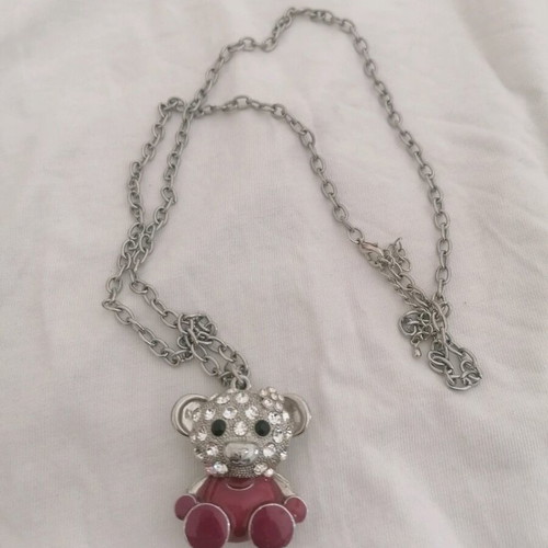 Bear pendant like new with long chain, stones and enamel