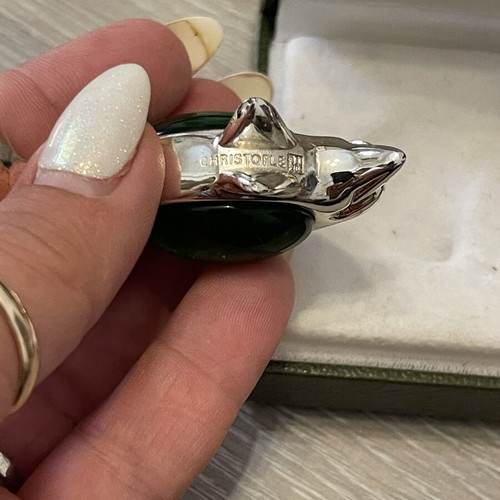 Christofle dolphin brooch with green stone