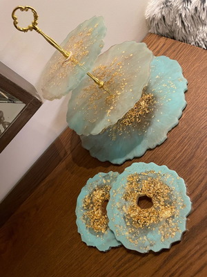Set of handmade tiered tray and coasters with epoxy resin, new