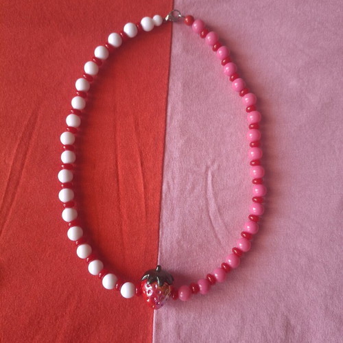 Strawberry Beaded Necklace with Ceramic Charm and Stainless Steel Clasp made to order