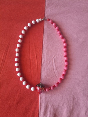 Strawberry Beaded Necklace with Ceramic Charm and Stainless Steel Clasp made to order