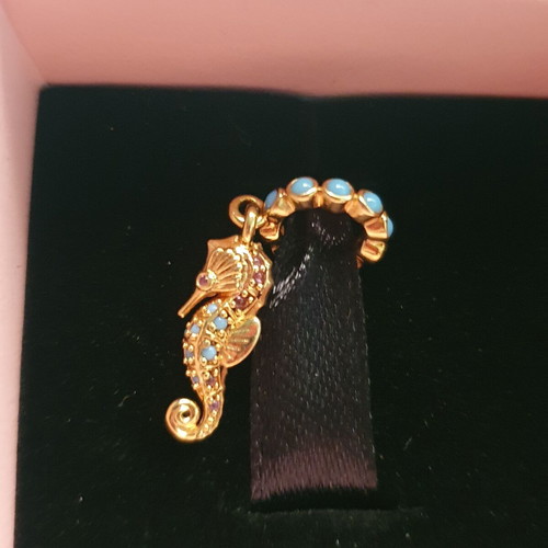 Pandora Seahorse Pendant 14K Gold Plated, Turquoise and Gold