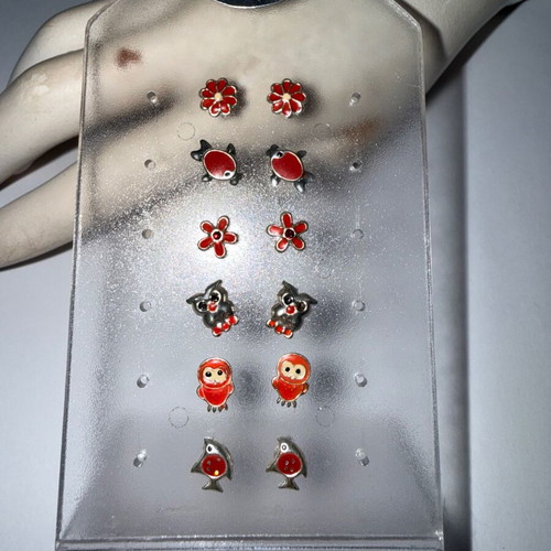 Silver 925 Earrings Set of 6 New with Red Enamel