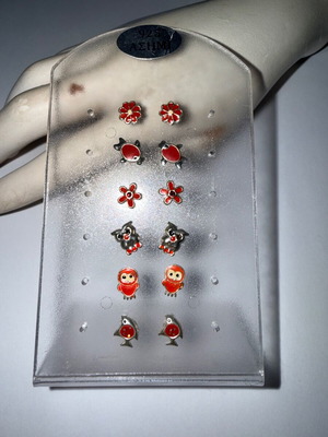 Silver 925 Earrings Set of 6 New with Red Enamel