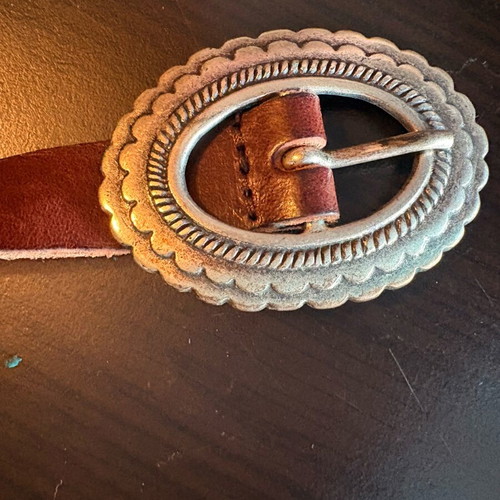 Leather belt used, women's brown with metal buckles, size 85