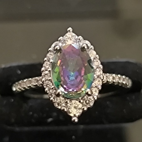 Vintage ring with multicolor iridescent stone and white zircons new