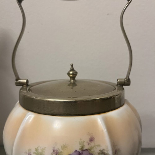 English Biscuit Jar handpainted porcelain like new, EPNS