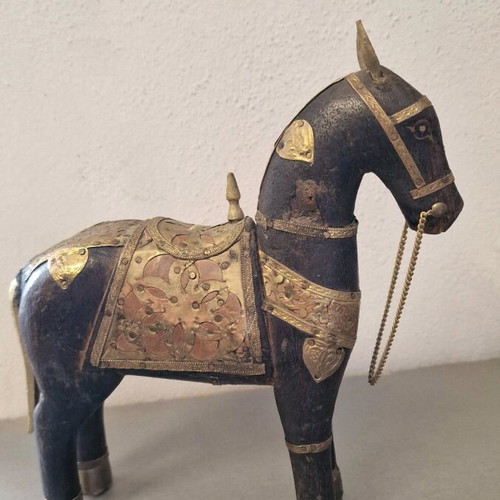 Traditional Indian wooden horse like new with embossed brass overlays