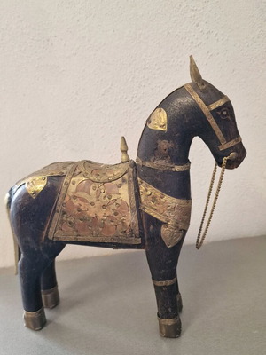 Traditional Indian wooden horse like new with embossed brass overlays