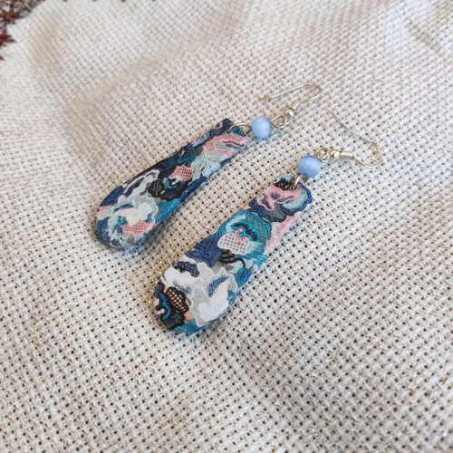 Floral blue printed earrings made to order, wooden with cat's eye stone