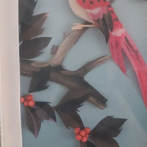 Wall frame with bird made of feathers used, 24x16cm