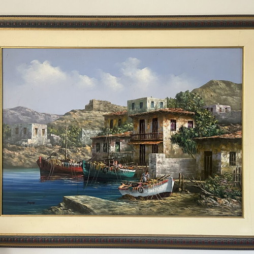 Large oil painting with palette knife, Greek seaside landscape by Dimas