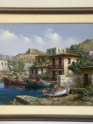 Large oil painting with palette knife, Greek seaside landscape by Dimas