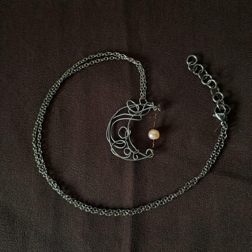 Moon pendant with pearl new, silver handmade