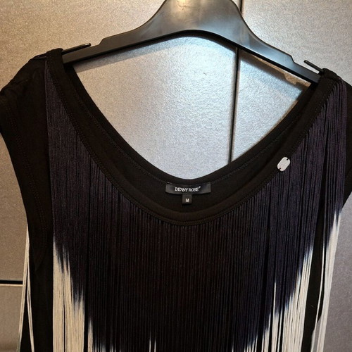 Denny Rose sleeveless blouse with colorful fringes like new, black