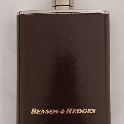 Benson & Hedges 3oz hip flask used, stainless steel with leatherette