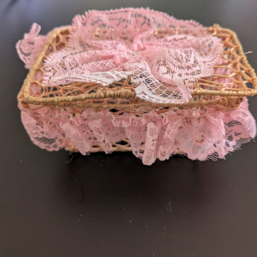 Vintage doll furniture set used, including Baboo chair, basket, lace box