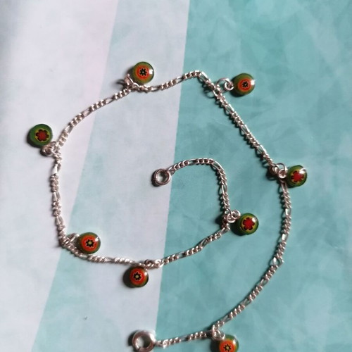 Silver 925 anklet with Figaro chain and colorful charms new