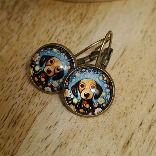 Dog 14mm dangle earrings new, multicolor
