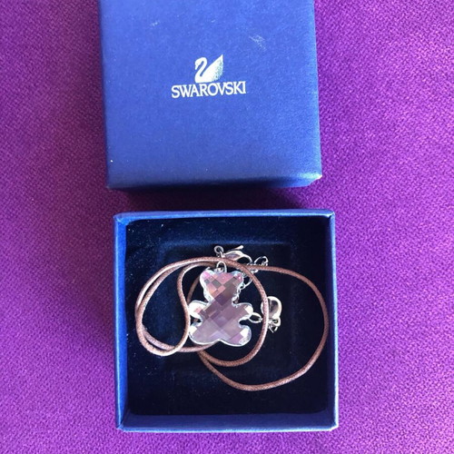 Swarovski bear necklace new with brown leather strap