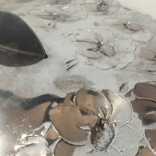 Vintage silver-plated ROSTRFREI plate with embossed flowers used