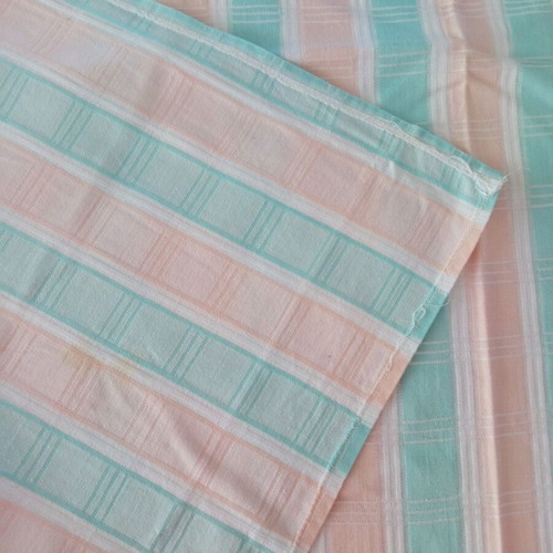 Handmade striped tablecloth used, pastel pink and green, 168x121 cm
