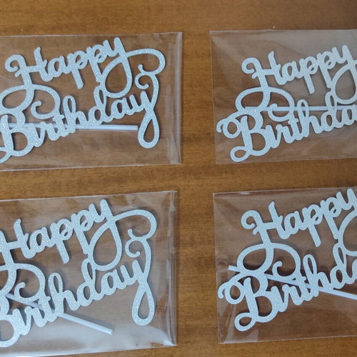 Διακοσμητικό τούρτας Happy Birthday ασημί καινούργιο με glitter