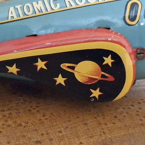 Atomic Rocket Tin Toy 1950s Masudaya Japan used, working mechanical