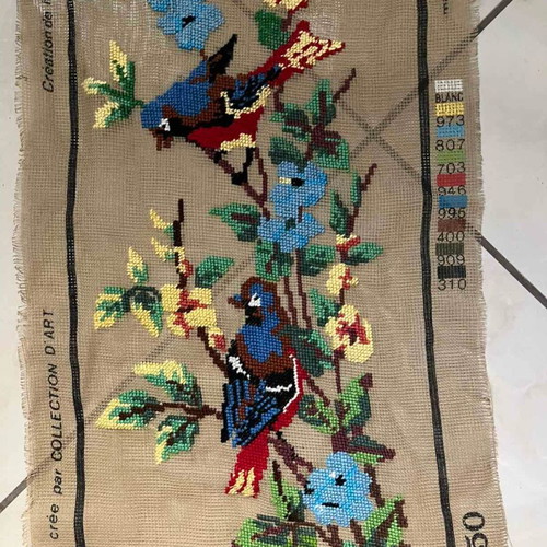 Handmade embroidery with colorful birds and flowers, like new