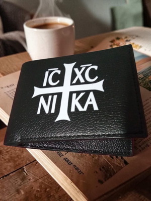 Wallet with IC XC NIKA inscription new, black and white