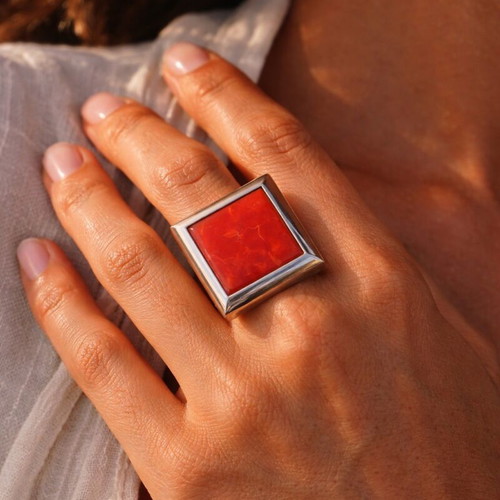 Sterling silver 925 ring with red coral stone used