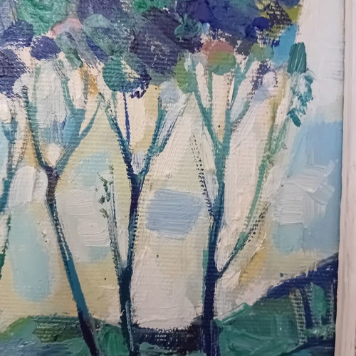 Original oil painting "Landscape in Blue" by Krasimir Doychev with wooden frame