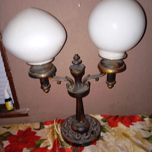 Vintage brass table lamp with two globe shades used, authentic handmade