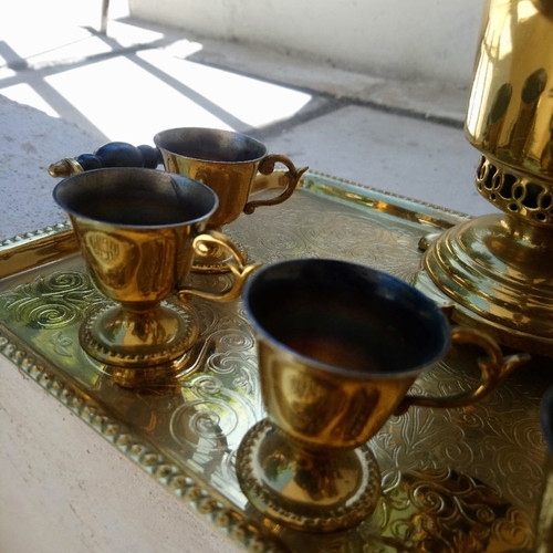 Small Russian Samovar OA Moscow new with tray and 6 tea cups