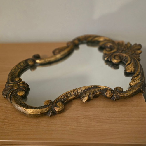 Antique handmade wood-carved mirror with gold patina like new