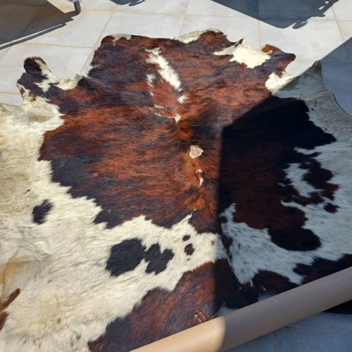 Cowhide rug used, cleaned, 2.20x2 m, natural brown-white pattern