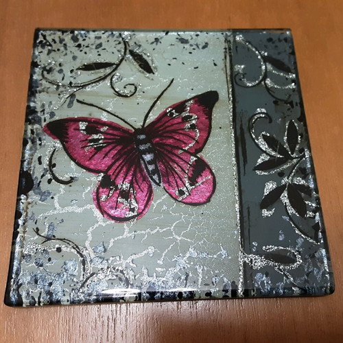 Glass coasters used, set of 4, butterfly and flower designs