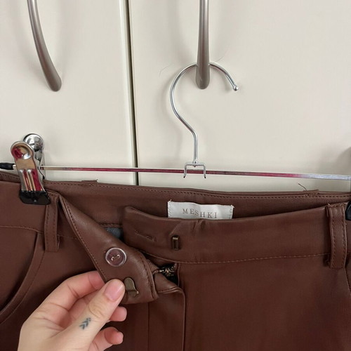 Meshki High Rise Straight Cut Faux Leather Pants used, brown, size XS