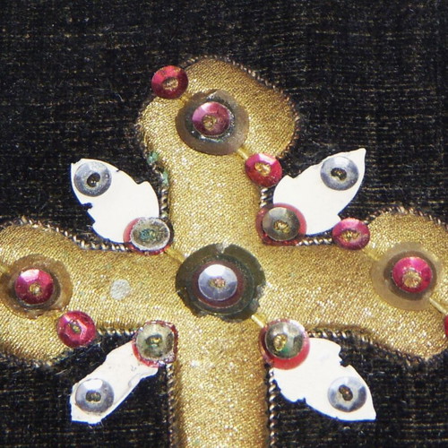 Vintage handmade embroidery Cross with gold thread and sequins in white frame