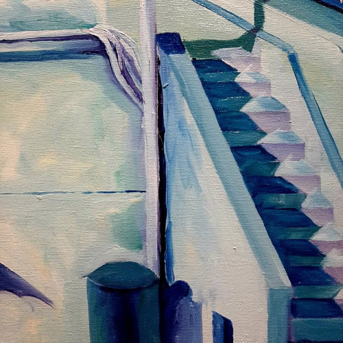 Oil painting urban landscape on canvas blue new