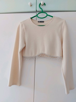 Zara crop top with rhinestones like new, white and beige