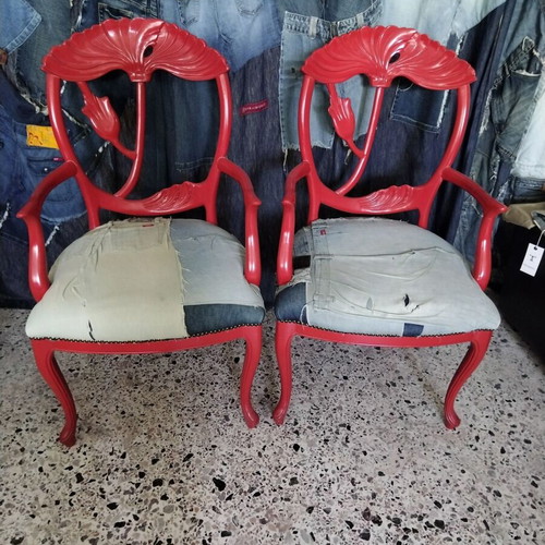 Vintage chair set with denim patchwork upholstery, 2 pieces