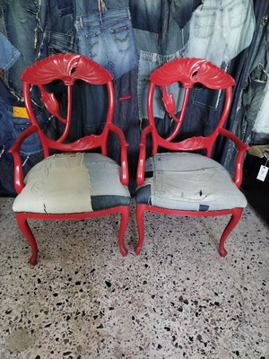 Vintage chair set with denim patchwork upholstery, 2 pieces