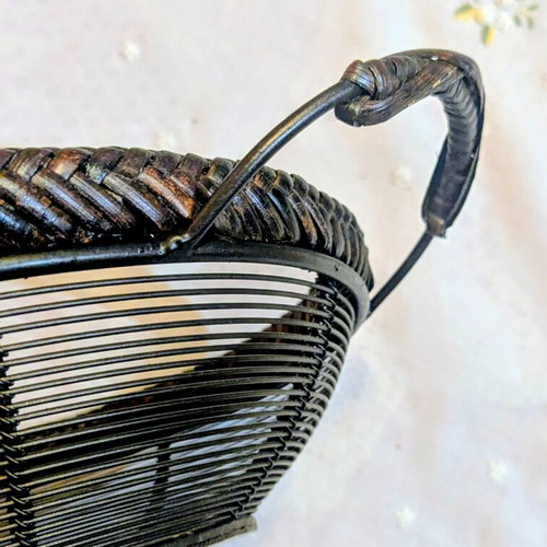 Vintage metal basket with rattan weave