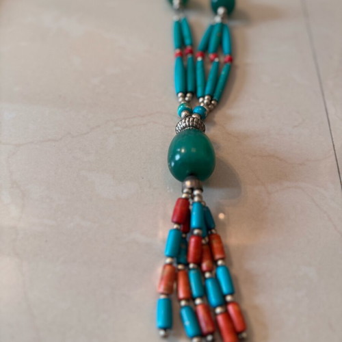 Long necklace with turquoise and red beads like new