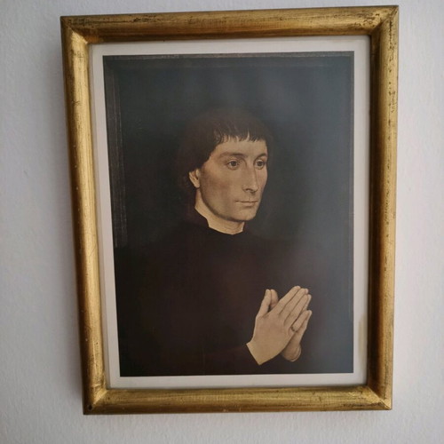 Framed painting Catholic monk praying with wooden frame and gold leaf like new
