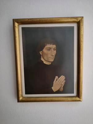 Framed painting Catholic monk praying with wooden frame and gold leaf like new